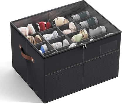 MIFXIN Shoes Organizer for Closet Fit 16 Pairs Large Shoe Box Storage Container Shoe Storage Bin with Clear Cover & Reinforced Handles, Space Saving Shoes Container (Black)