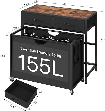 Laundry Sorter 3 Section with Tabletop & 2 Drawers, Rolling Laundry Hamper with Pull-Out and Removable Bags, Laundry Basket Organizer with Wheels and Shelf, Metal Frame Rustic Brown for Laundry Room
