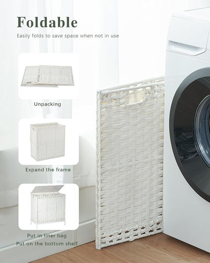 SETVSON Laundry Hamper with Lid,112 L Handwoven Rattan Wicker Laundry Basket, 2 Removable Liner Bags Metal Heightened Feet,6 Mesh Bags,2 Section Large Clothes Hamper for Bathroom Bedroom, Cloud White