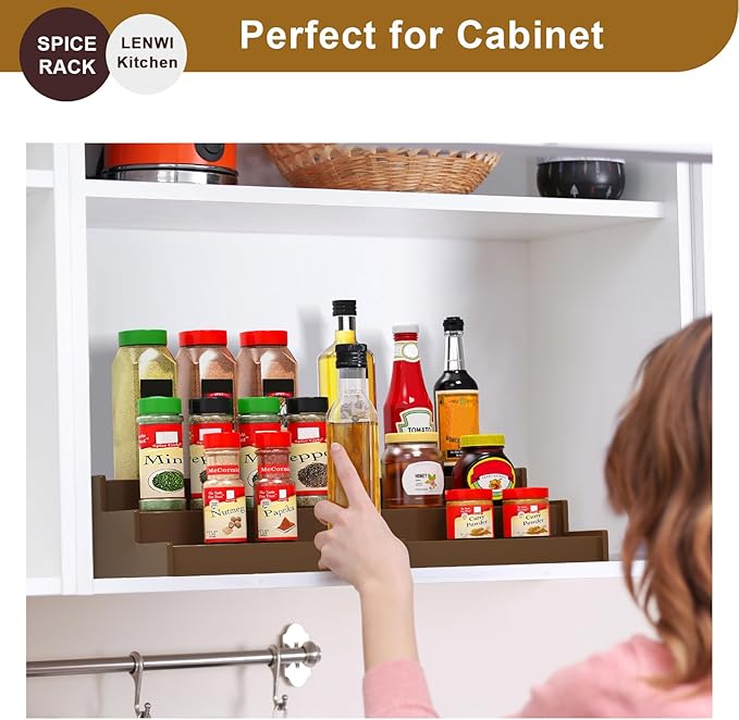 Lenwi Spice Rack Organizer for Cabinet 2 Pack, 3 Tier Expandable Bamboo Spice Storage for Kitchen Cupboard Pantry, Brown