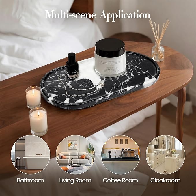 Natural Marble Tray Bathroom Tray, Luxury Decorative Trays for Bathroom, Vanity, Dresser, Kitchen & Home Decor, Valentine's Day House Warming Gifts New Home (Black)