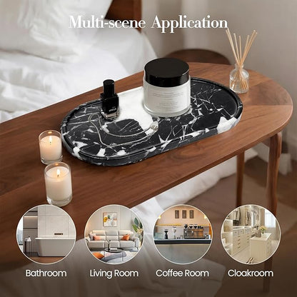 Natural Marble Tray Bathroom Tray, Luxury Decorative Trays for Bathroom, Vanity, Dresser, Kitchen & Home Decor, Valentine's Day House Warming Gifts New Home (Black)
