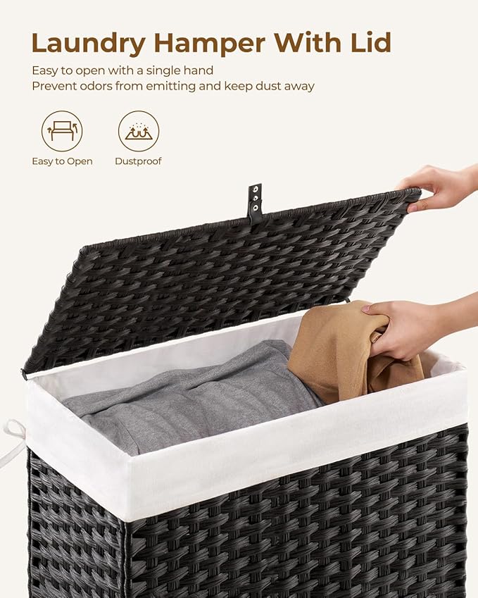 Greenstell Laundry Hamper with Lid, 125L Laundry Basket with 2 Removable Liner Bags & 2 Mesh Bags, Handwoven Synthetic Rattan Clothes Hamper for Clothes, Toys in Bathroom, Bedroom, Foldable, Black
