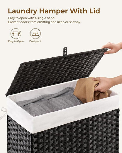 Greenstell Laundry Hamper with Lid, 125L Laundry Basket with 2 Removable Liner Bags & 2 Mesh Bags, Handwoven Synthetic Rattan Clothes Hamper for Clothes, Toys in Bathroom, Bedroom, Foldable, Black