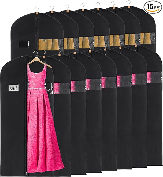 KEEGH 60'' Dress Bags for Gowns Long(Set of 15), Garment Bags for Hanging Clothes, Dress Bags for Closet Storage, Clothes Cover for Hanging Coats Dresses with Clear Window and Label Pocket, Black