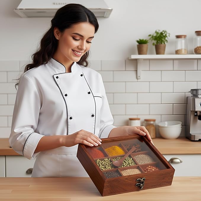 Wooden Spice Box, Masala Container, Condiments Storage Case for Kitchen, Multipurpose Decorative Box - Indian Rosewood Crafted