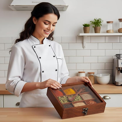 Wooden Spice Box, Masala Container, Condiments Storage Case for Kitchen, Multipurpose Decorative Box - Indian Rosewood Crafted