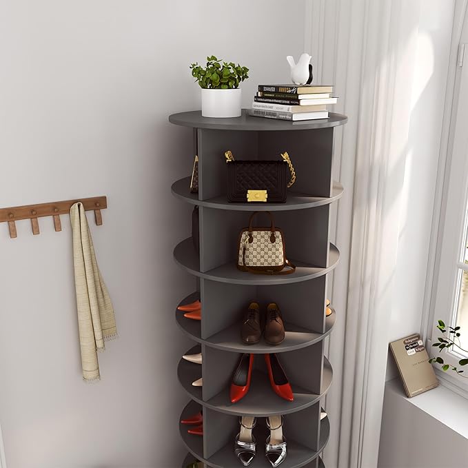 7-Tier Rotating Shoe Rack Tower, 360 Spinning Shoe Rack, Modern Free Standing Spinning Shoe Organizer, Rotating Lazy Susan Shoe Racks for Entryway Doorway, Holds Up to 28 Pairs of Shoes(Grey)