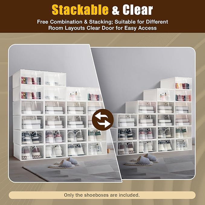 24 PCS Shoe Cabinet Clear Shoe Storage Boxes Stackable Storage Organizer Bins Shoe Organizer for Closet Boot Sneaker Space Saving (24Pcs Clear+White)