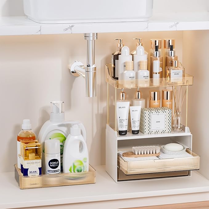 Delamu Bathroom Organizers and Storage, 2 Tier 3 Drawer Makeup Organizer Countertop, Easy to Install, Ideal for Bathroom Counter, Vanity, Ideal Gifts for Women Girls, Amber