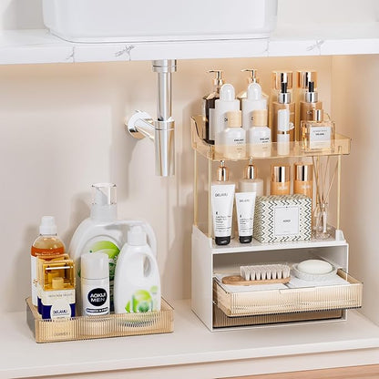 Delamu Bathroom Organizers and Storage, 2 Tier 3 Drawer Makeup Organizer Countertop, Easy to Install, Ideal for Bathroom Counter, Vanity, Ideal Gifts for Women Girls, Amber