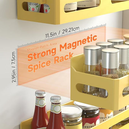 Sevenblue 4 Pack Strong Magnetic Spice Rack for Refrigerator, Multipurpose Magnetic Shelf for Fridge with 4 Hooks for kitchen and Bathroom Organization, Yellow
