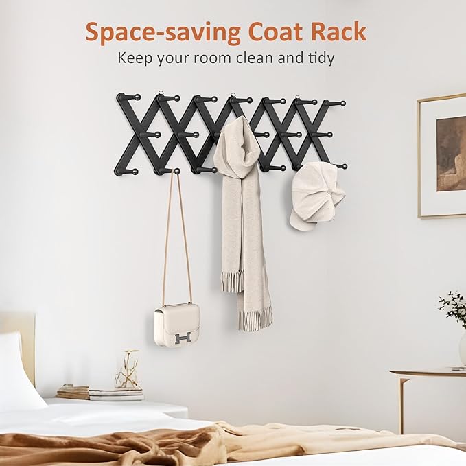 Accordion Wall Hanger, Hat Rack for Wall with 20 Coat Hooks, Expandable Hat Hangers Organizer, Vintage Decorative Coat Rack Wall Mount for Purse, Mug(Black)