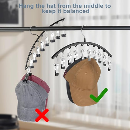 Yecuip Hat Hangers for Closet, Metal Hats Organizer Racks for Base Ball Caps 2 Pack Door Hats Racks for Baseball Cap with 10 Large Clips, Baseball Hat Holder for Closet Storage, Fits All Cap-Black