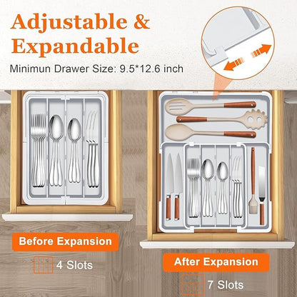 Silverware Organizer Expandable Utensil Drawer Organizer Adjustable Drawer Organizer, Flatware Cutlery Silverware Tray for Spoons Forks Knives Kitchen Organizers Storage (Gray)
