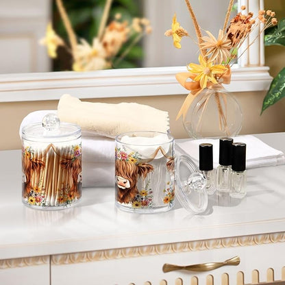 2 Pack Qtip Holder Dispenser for Cotton Ball Adorable Highland Cow Florals Swab Round Pads Clear Plastic Acrylic Jar Set Bathroom Canister
