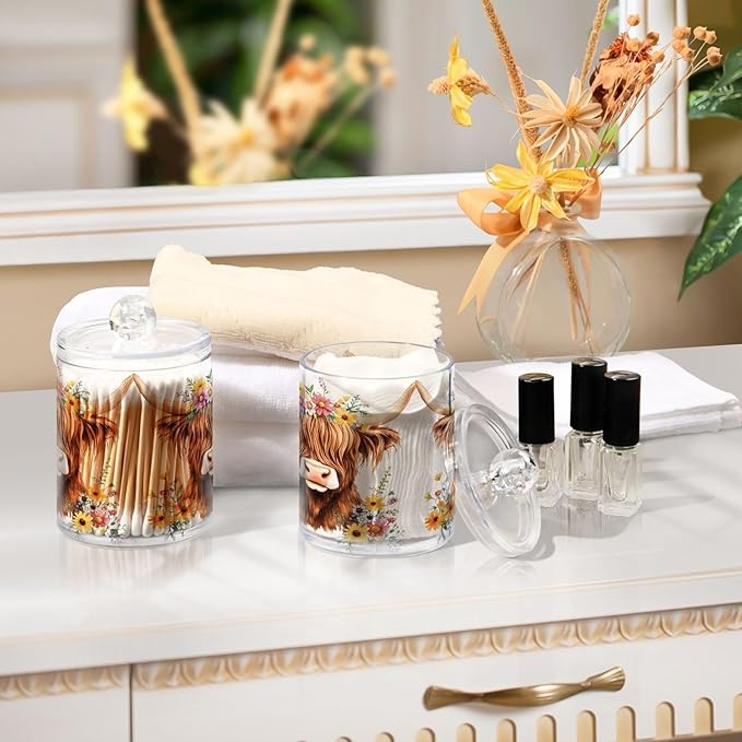 4 Pack Qtip Holder Dispenser Adorable Highland Cow Florals Cotton Ball Swab Round Pads Floss Clear Bathroom Storage Containers Plastic Apothecary Jars with Lids