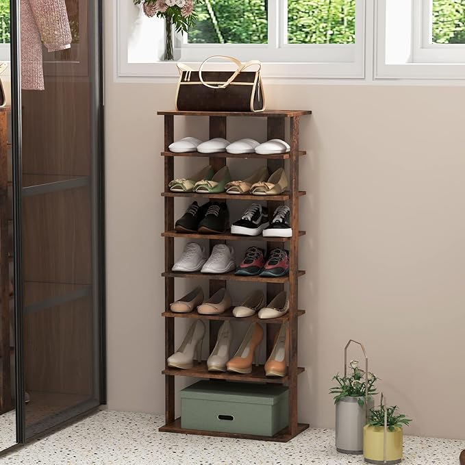 Giantex 8-Tier Wooden Shoe Rack, Patented Double Row Shoe Organizer for 16 Pairs, Customizable Height, Space-Saving Shoe Storage Stand for Entryway, Hallway, Living Room, Bedroom, Brown