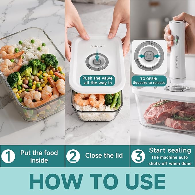 Mehomeli Compact Vacuum Sealer for Food (Vacuum Sealer Machine+3 Glass Vacuum Containers+30 Reusable Vacuum Bags),Powerful Handheld Vacuum Seal Machine,Seal Meal Saver,Portable Food Sealer,Easy-Clean