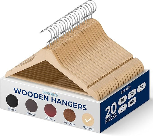 SereneLife 20 Pack Wooden Coat Hangers – Durable Suit Hangers with 360° Swivel Hook & Notches – Slim Design for Shirts, Jackets, Dresses, and More