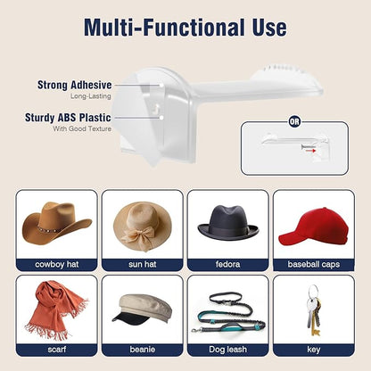 3.0 Inch Wall Hat Hooks (8 Pack) – Strong Adhesive Cowboy Hat Rack with Anti-Slip Teeth, Multi-Purpose Hook for Keys & Accessories, Minimalist Hat Organizer, Western Room Décor – Clear