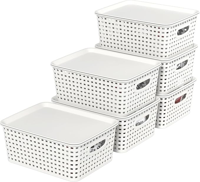 6 Pack Plastic Stackable Storage Baskets with Lids, White Breathable Storage Containers Bins for Organizing Desktop Closet Playroom Classroom Office