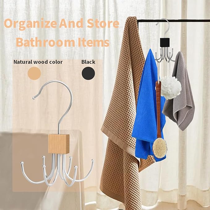 2pcs 360° Rotating 6-Claw Multi-Function Hook Closet Hanging Organizer Hangers for Clothes Hats Scarves Belts, Stainless Steel Rotary Hook Hanger for Kitchen Bathroom Office Home Storage Rack (Black)