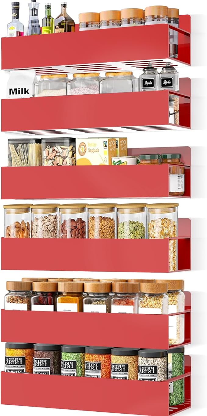 SMRCAD Magnetic Spice Rack for Refrigerator, 6pack Magnetic Shelf for Fridge Space Saving Seasoning Organizer for Kitchen storage Any Metal Surface No Drilling Needed (6pack-Red)