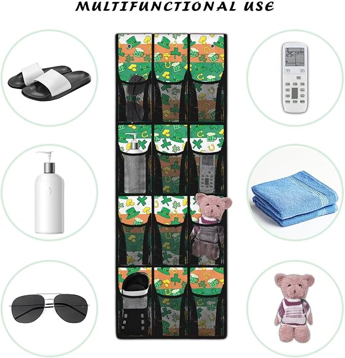 12-Compartment Over The Door Hanging Storage Bag, Waterproof Dirt-Resistant and Easy to Fold for Compact Storage, Lucky Leaf Green Hat Gold Coins Horseshoe Irish Flag