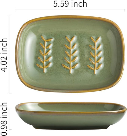 Miamolo Soap Dish Soap Holder Shower, Ceramic Soap Dishes for Bar Soap Sponge, Shower Soap Dish Soap Saver Tray for Bathroom Kitchen Sink, Easy to Clean, Green (Pack of 2)