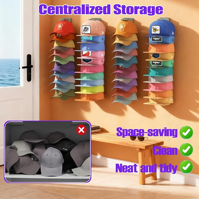 AXU 2 Pack Hat Organizer for Baseball Caps, Hat Rack for Wall (Grey)
