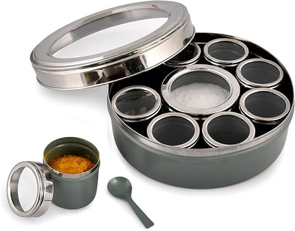 Elan Stainless Steel Masala Box | Spice Storage Container | Masala Dani With 9 Containers and Small Spoon | Masala Dabba For Kitchen See Through Lid | Kitchen Spice Organiser (Moss green)