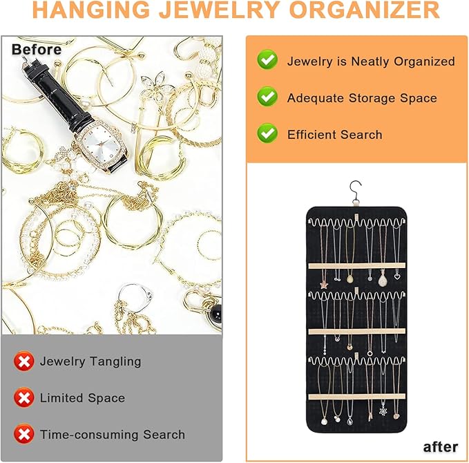 Longzhuo Jewelry Organizer, 2 Sided Necklace Holder, with 360 Degree Rotating Hook, Jewelry Holder for Travel, Earrings, Necklaces, Rings on Closet, Wall, Door, Black (14.17 x 32.28 inches)