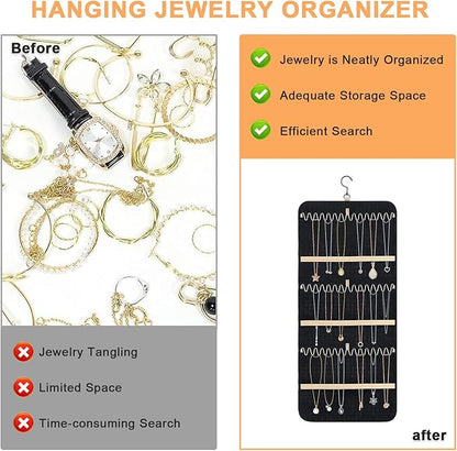 Longzhuo Jewelry Organizer, 2 Sided Necklace Holder, with 360 Degree Rotating Hook, Jewelry Holder for Travel, Earrings, Necklaces, Rings on Closet, Wall, Door, Black (14.17 x 32.28 inches)