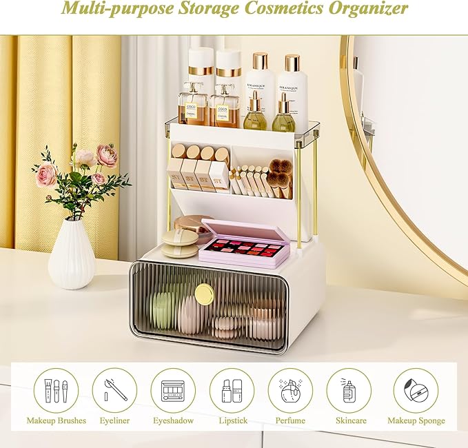 FOLLOWIN Bathroom Counter Organizers and Storage with Drawer, Cosmetic Organizer with Make Up Brush Holder, Perfume Makeup Shelf, 3-Tier Vanity Storage, Smoky Gray