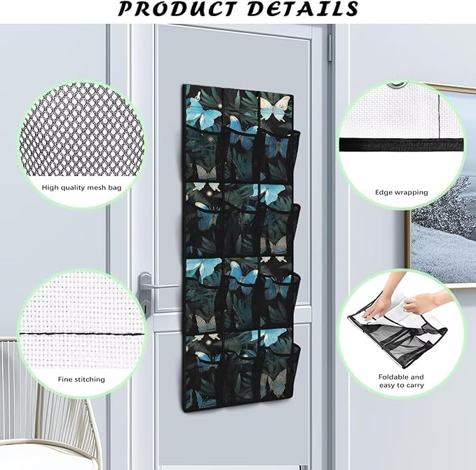 Butterflies Over the Door Shoe Organizer,Shoe Organizer Door Hanger,Space Saver Shoes Hanger Storage Organizer Bag with 12 Mesh Large Pockets