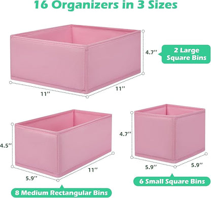 Drawer Clothing Organizer 16-Pack, Pink 3 Sizes Underwear Drawer Dividers, Fabric Folding Wardrobe Organizer for Baby Clothes, Bras, Underwear, Underpants, Belts, Socks, Ties, etc.