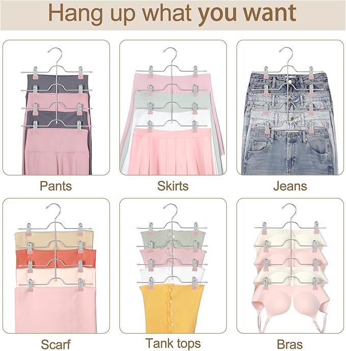 TOPIA HANGER 4 Tier Metal Skirt Hangers for Women, Pants Hanger Space Saving with Adjustable Clips, Gain 70% More Space, Non Slip Grip for Slacks, Trousers, Shorts, Jeans, Towels, Pink, 2-Pack, CT20P