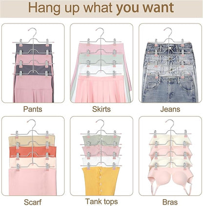 TOPIA HANGER 4 Tier Metal Skirt Hangers for Women, Pants Hanger Space Saving with Adjustable Clips, Gain 70% More Space, Non Slip Grip for Slacks, Trousers, Shorts, Jeans, Towels, Pink, 4-Pack, CT61P
