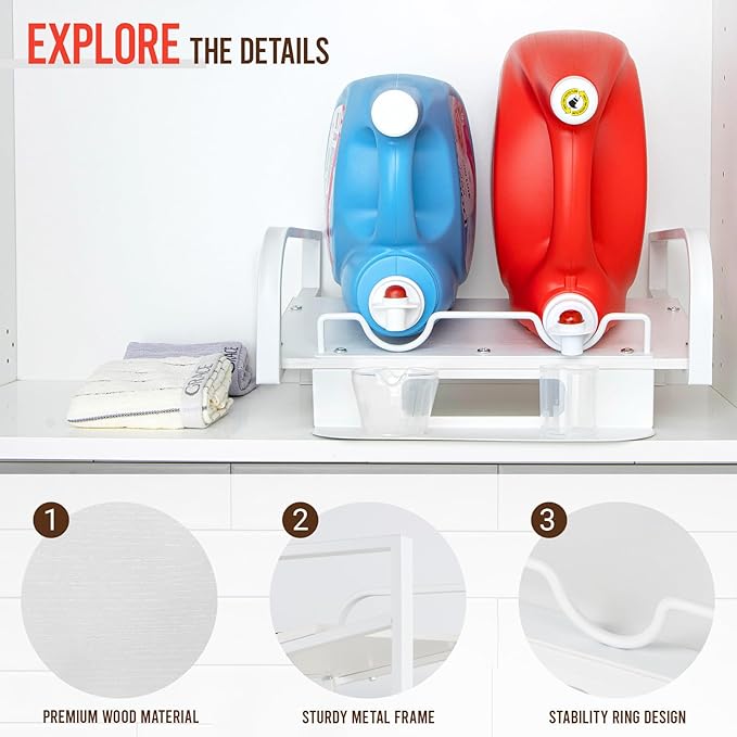 PUERSI Laundry Detergent Holder Stand with Drip Tray, Laundry Soap Holder Liquid Detergent Riser Organizer for Laundry Room, White