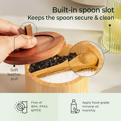 keechee Bamboo Salt Cellar with Acacia Lid & Spoon, 7oz Capacity with Built-In Spoon Slot & Labels, Two-Tone Countertop Seasoning Container (Dual Compartment (Divided) - 1 Pack)