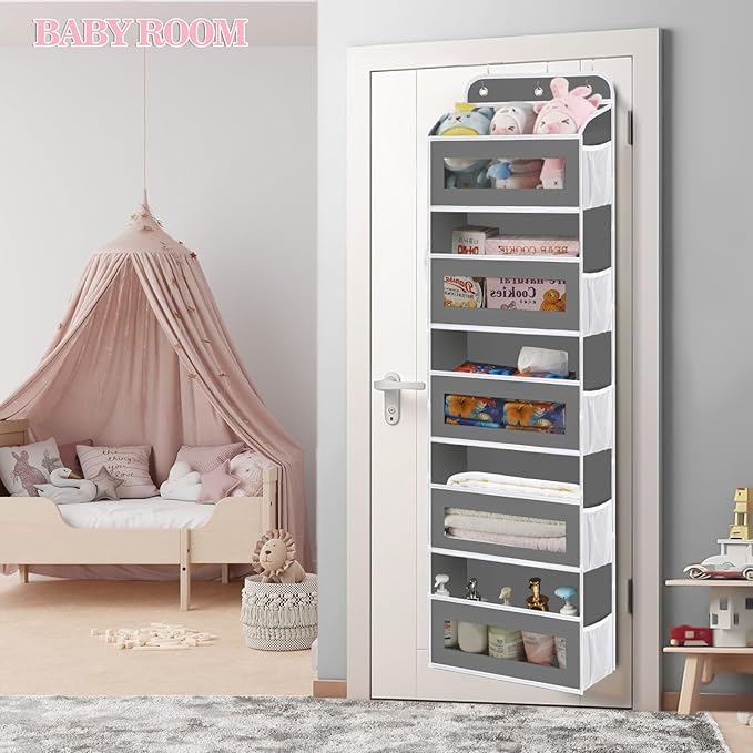 KYEVIS Over The Door Organizer, 5 Shelves Closet Door Hanging Storage and Organizer with 10 Mesh Pockets, Nursery Closet Organizer, Baby Essentials, Stuffed Animal Storage