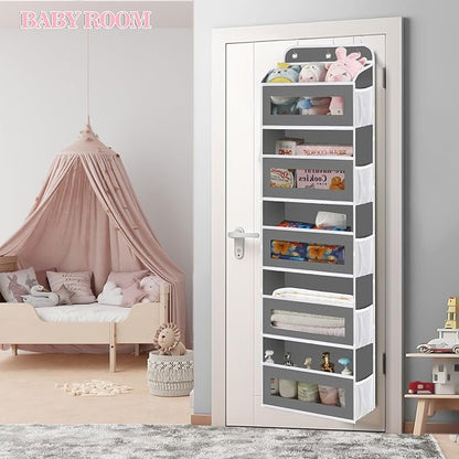 KYEVIS Over The Door Organizer, 5 Shelves Closet Door Hanging Storage and Organizer with 10 Mesh Pockets, Nursery Closet Organizer, Baby Essentials, Stuffed Animal Storage