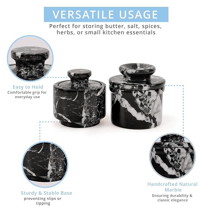 Marble Butter Keeper and Salt Cellar Set, Black Zebra Marble Kitchen Counter Containers for Butter, Seasoning & Condiments, Home & Kitchen Décor