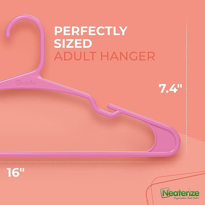 NEATERIZE Clothes Hangers Plastic 50 Pack for Adults - Plastic Hangers, The Perfect Coat Hanger and Space Saving Clothes Hangers for Closet, Percheros Ganchos para Colgar Ropa Hangars - Pink Hangers