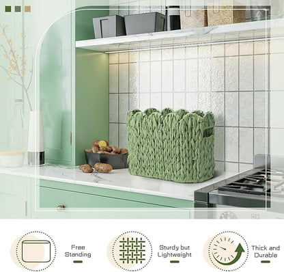 Kathfly Sage Green Toilet Paper Storage Basket Scalloped Wicker Woven Bathroom Basket Toilet Paper Holder Holds up to 6 Mega Rolls Woven Organizer for Home Bathroom Kitchen Offices