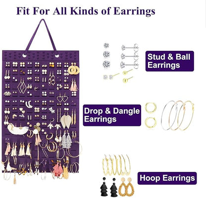 Resovo Hanging Earrings Organizer, Wall Earring Holder with 2 Hooks, Holds Up To 300 Pairs, Compact Design, Soft Material-Dark Purple
