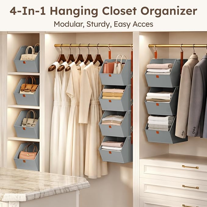 Homsorout Hanging Closet Organizer 4 Tier - Clothes Hanging Shelves, Space-Saving Closet System, Fabric Storage Bins Bedroom Organization, Collapsible Baskets for Home, Dorm, Rv, Grey