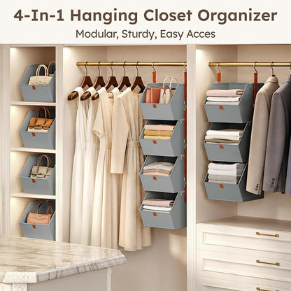 Homsorout Hanging Closet Organizer 4 Tier - Clothes Hanging Shelves, Space-Saving Closet System, Fabric Storage Bins Bedroom Organization, Collapsible Baskets for Home, Dorm, Rv, Grey