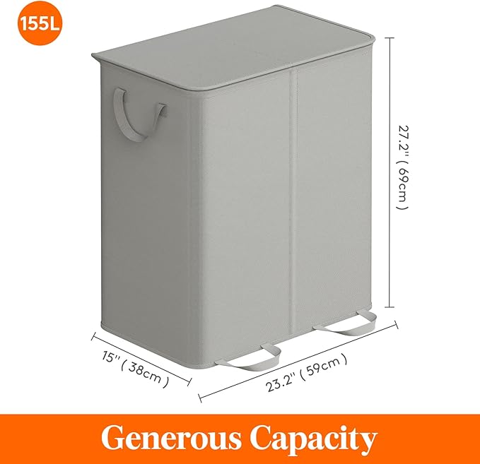 Lifewit Double Laundry Hamper with Lid and Removable Laundry Bags, Large Collapsible 2 Dividers Dirty Clothes Basket with Handles for Bedroom Laundry Room Closet Bathroom College, 155L Silver Gray